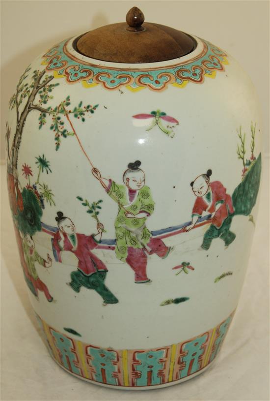 A Chinese famille rose ovoid jar, late 19th century, 32cm inc. wood cover